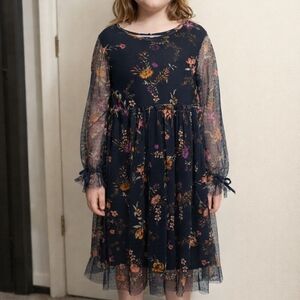 Dex Girls Floral Mesh Dress | Kids XL | Long Sleeve Navy Fall Party Dress